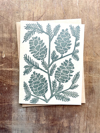 Block Printed Card with Pinecones