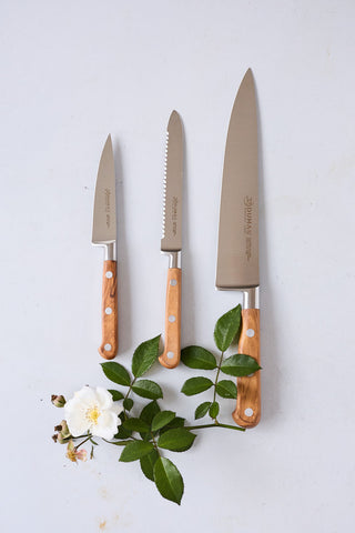 French Forged Kitchen Knives with Olive Wood Handle