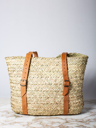 Hand Woven Backpack Basket with leather straps